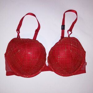 Victoria Secret Bra Push Up Red Metallic Gold Plaid Lace Underwire New